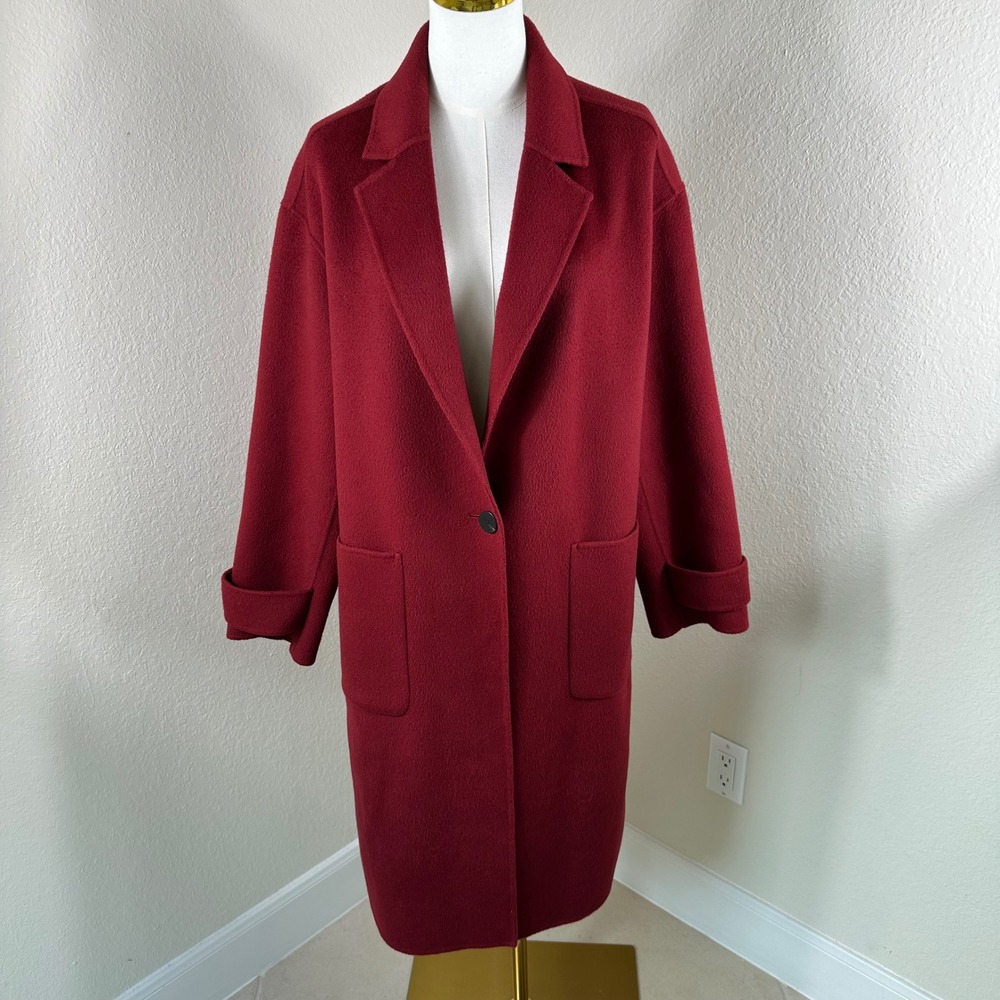 Theory Easy Coat Womens M Red Wool Cashmere One Button Long Retail Overcoat Main